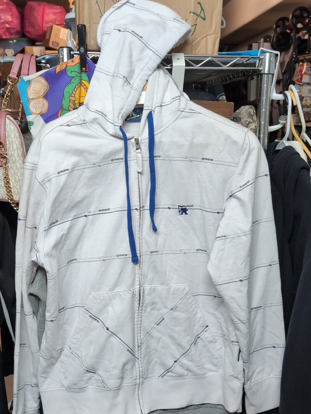 Vintage Men's White Zip Hoodie with Blue Drawcords Subtle Stripe Detail